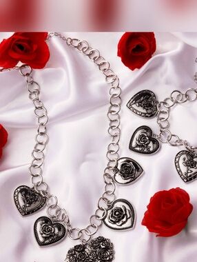 Silver Heart & Rose Charm Necklace - Women Jewelry